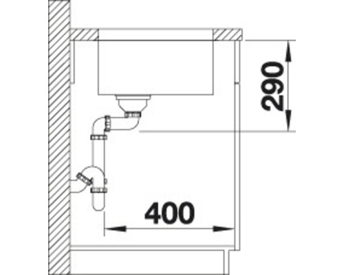 Schets van een wastafel met afmetingen 290 en 400.