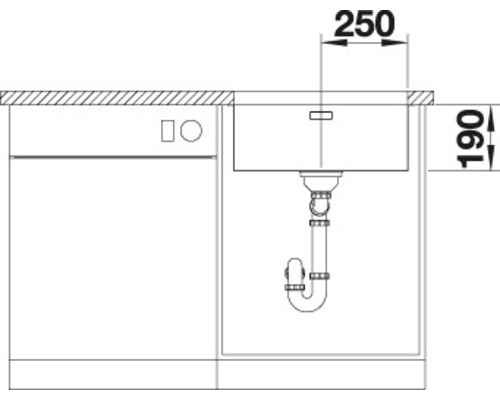 Schets van een spoelbak met afvoergarnituur en maatvoering.