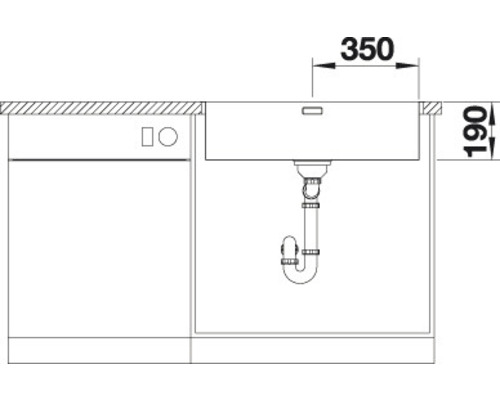 Technische tekening van een spoelbak met afmetingen 350 en 190.