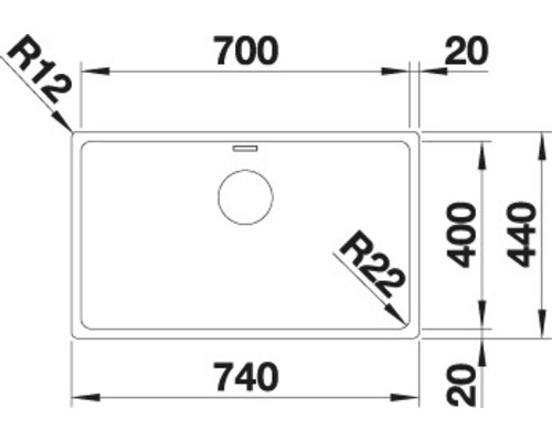Technische tekening van een gootsteen met maatvoering
