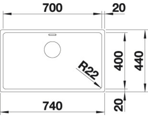 Technische tekening van een spoelbak met afmetingen