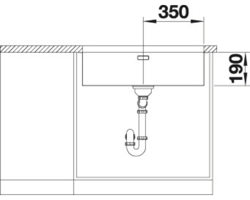 Schets van een gootsteen met de afmetingen 350 bij 190 millimeter.