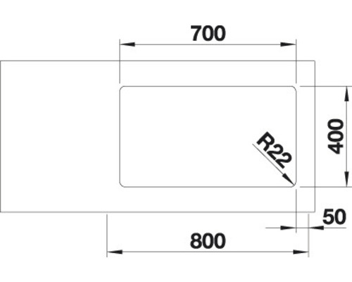 Technische tekening van een spoelbak met de afmetingen 700, 800, 400 en 50.