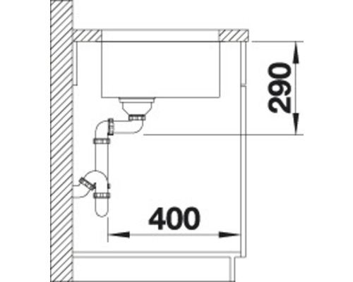 Schets van een gootsteen met afvoerpijpen en afmetingen