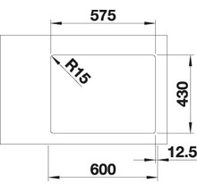 Technische tekening van een spoelbak met afmetingen van 600 x 430 x 575 mm en een radius van 15 mm.