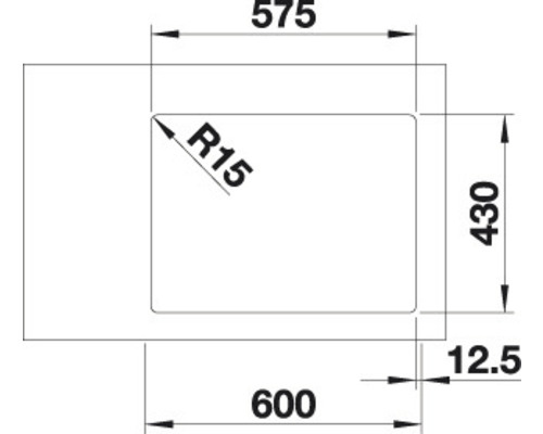 Technische tekening van een spoelbak met afmetingen van 600 x 430 x 575 mm en een radius van 15 mm.