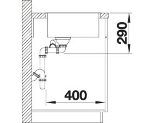 Schets van een gootsteen met afvoergarnituur en maatvoering 290 en 400