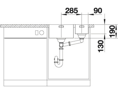 Installatieplan voor een spoelbak met twee kommen, afmetingen in millimeters