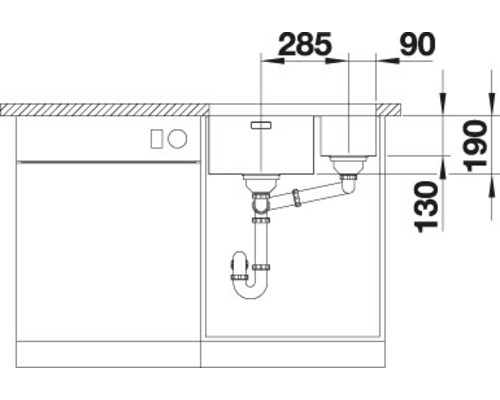 Technische tekening van een spoelbak met afmetingen.