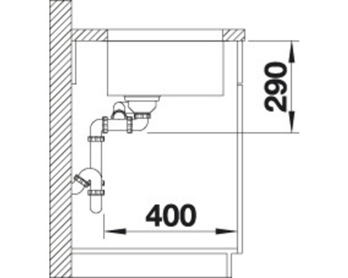 Schets van een gootsteen met afvoer en afmetingen 400 en 290.