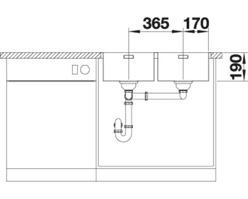 Schets van een dubbele spoelbak met afmetingen