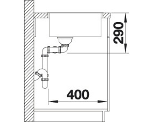 Schets van een gootsteen met sifon en maatvoering