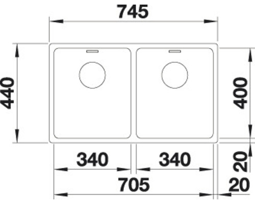 Technische tekening van een dubbele spoelbak met afmetingen