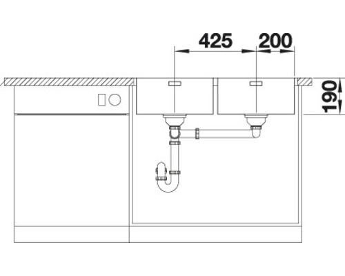 Technische tekening van een dubbele spoelbak met afmetingen