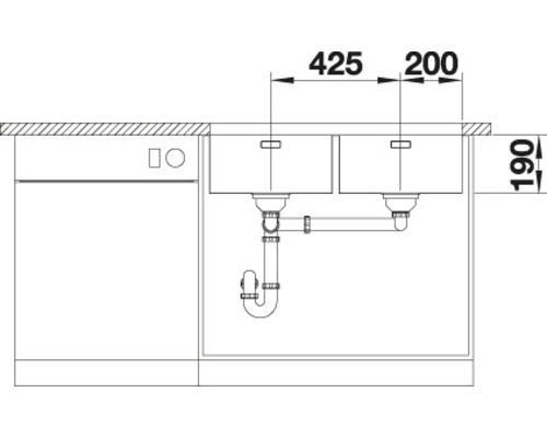 Schets van een dubbele spoelbak met afmetingen.