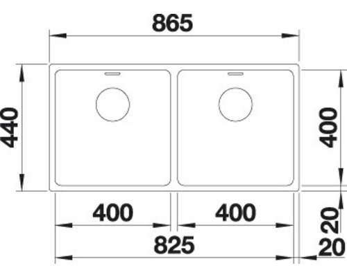 Schets van een dubbele spoelbak met afmetingen.