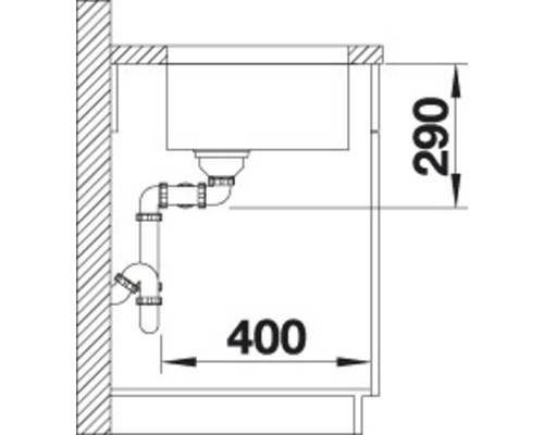 Technische tekening van een spoelbak met afmetingen.
