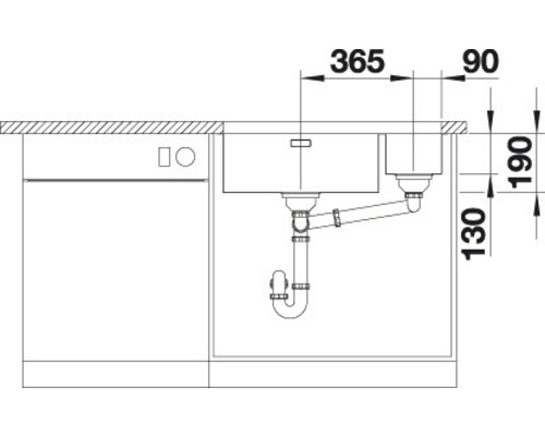 Technische tekening van een aanrechtspoelbak met afmetingen.