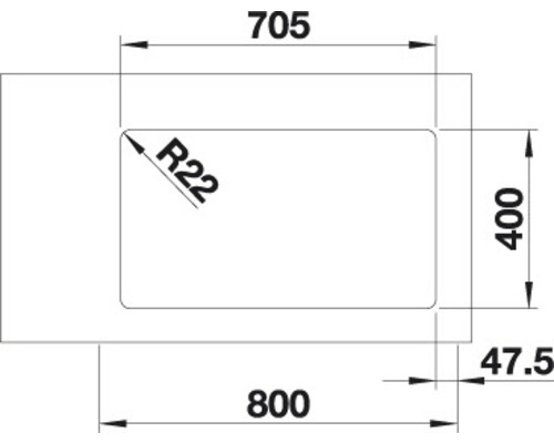 Technische tekening van een spoelbak met maatvoering
