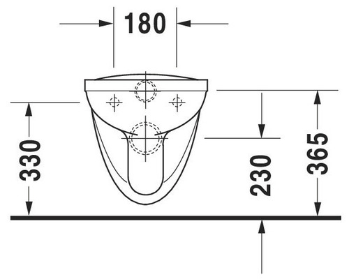 Technische tekening van een wandcloset met afmetingen.