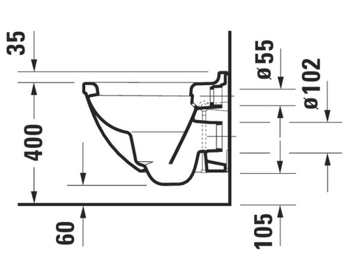 Technische tekening van een wandcloset met afmetingen