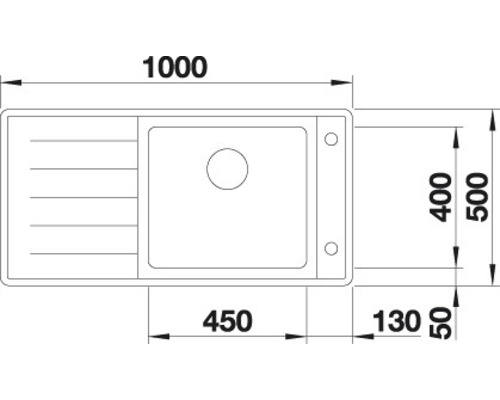 Technische tekening van een gootsteen met afmetingen