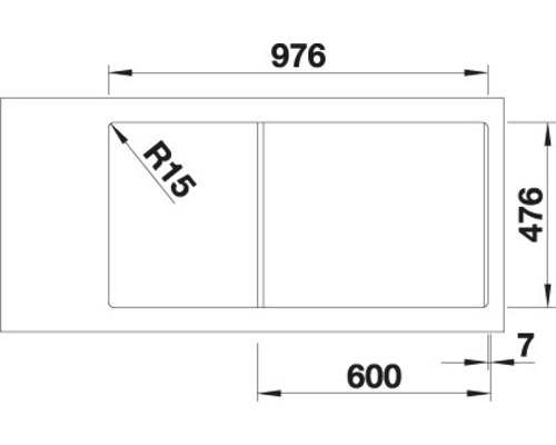 Technische tekening van een spoelbak met de afmetingen 976 x 476 mm
