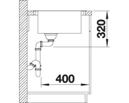 Technische tekening van een gootsteen met maatvoering 320 en 400