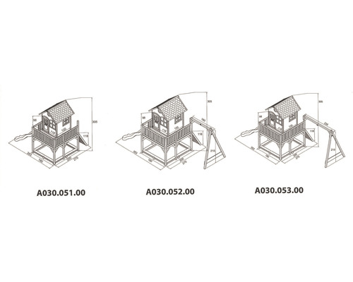 Technische tekening van drie speelhuisjes met glijbaan en schommel