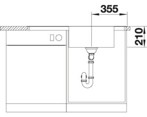 Technische tekening van een spoelbakonderkast met afmetingen