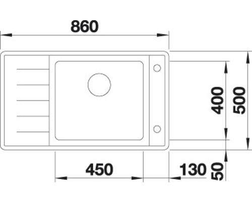 Technische tekening van een spoelbak met afmetingen