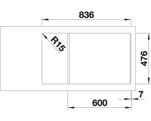 Technische tekening van een spoelbak met maatvoering