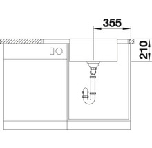 Schets van een gootsteen met de afmetingen 355 x 210 millimeter.