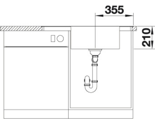 Schets van een gootsteen met de afmetingen 355 x 210 millimeter.