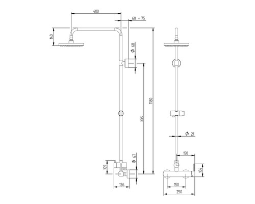 Technische tekening van een douchearmatuur met hoogte- en breedtegegevens.
