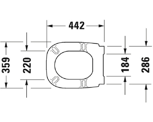 Technische tekening van een toiletbril met afmetingen.