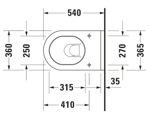 Technische tekening van een wandcloset met afmetingen.