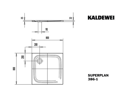 Kaldewei Superplan douchebak 800x800 mm technische tekening