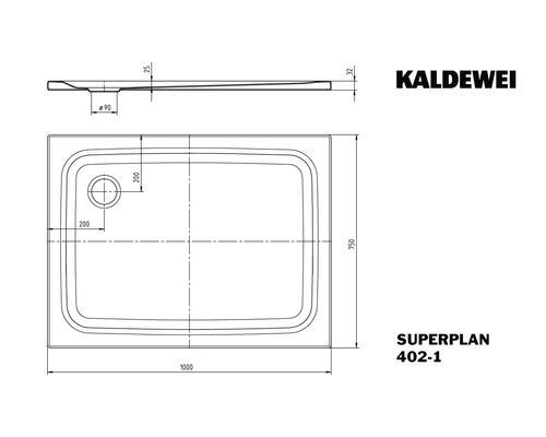 Technische tekening van een Kaldewei Superplan douchebak met afmetingen