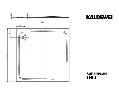 Kaldewei Superplan 399-1 douchebak technische tekening met afmetingen