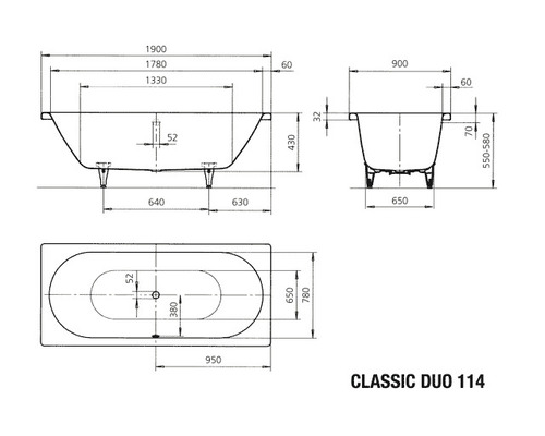 Technische tekening van een badkuip met afmetingen