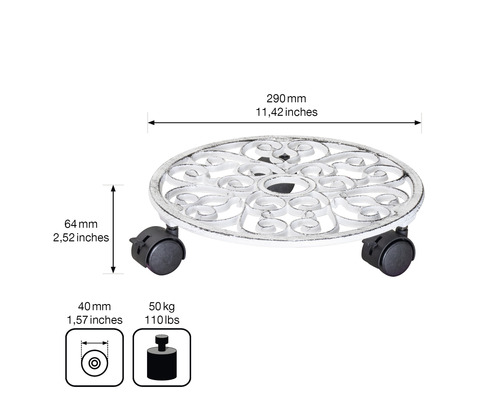 Plantenroller met afmetingen 290 mm diameter en 64 mm hoogte en een maximaal draagvermogen van 50 kilogram