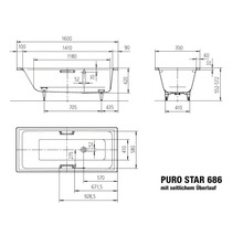 Technische tekening van een Puro Star 686 badkuip met zijdelingse overloop en afmetingen