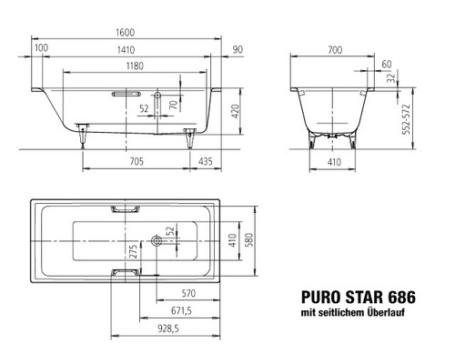 Technische tekening van een Puro Star 686 badkuip met zijdelingse overloop en afmetingen