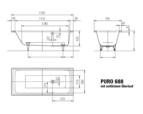 Technische tekening van een ligbad met zijdelingse overloop en maatvoering