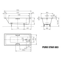 Technische tekening van Puro Star 693 bad met maatvoering