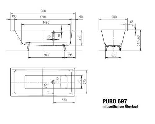 Technische tekening van het Puro 697 bad met zijdelingse overloop en maatvoering