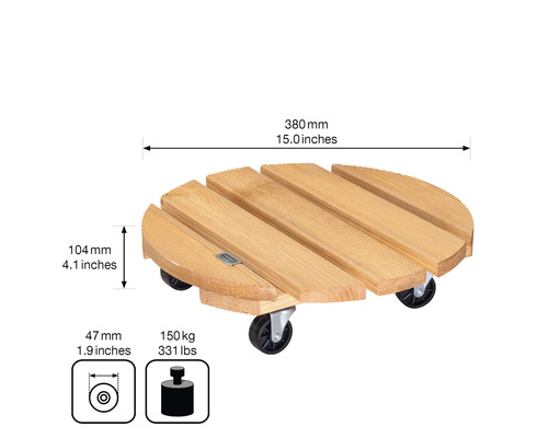 Ronde plantenroller van hout met afmetingen en draagvermogen