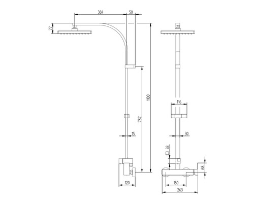 Technische tekening van een doucheset met afmetingen