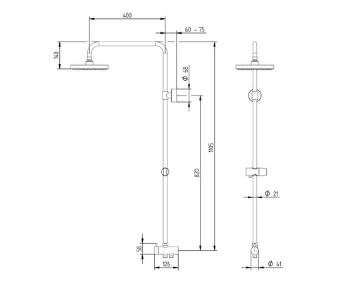 Technische tekening van een douchearmatuur met maatvoering